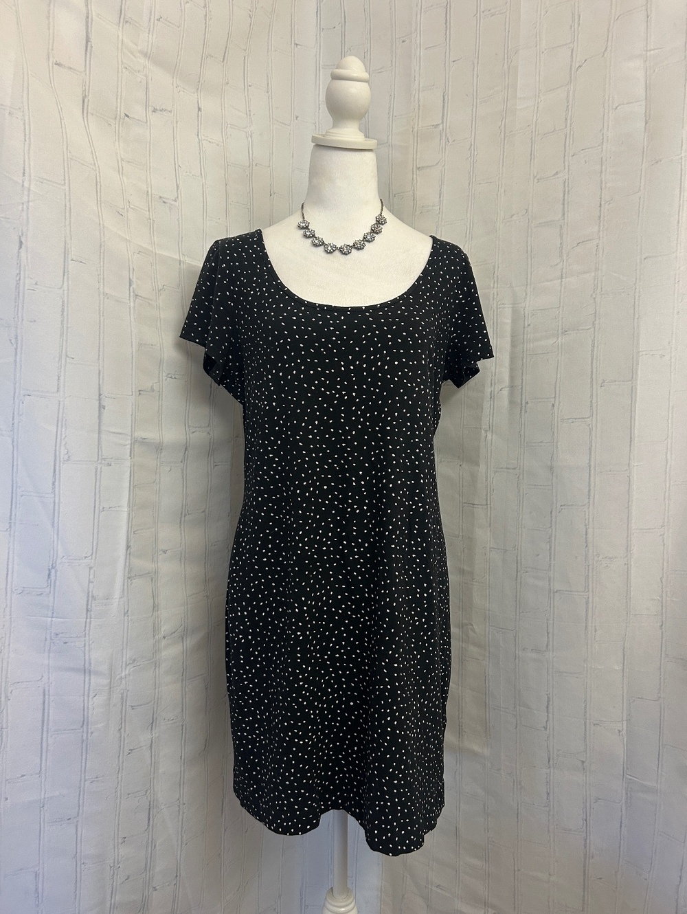 H&M Black White Dash Print Stretch Cotton Dress L Knee Length Workwear